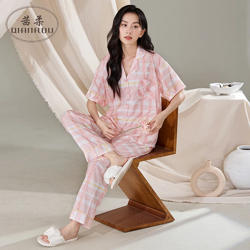 2025茜柔睡衣天丝麻夏季女甜美格子宽松韩版可居家外穿茜柔家居服