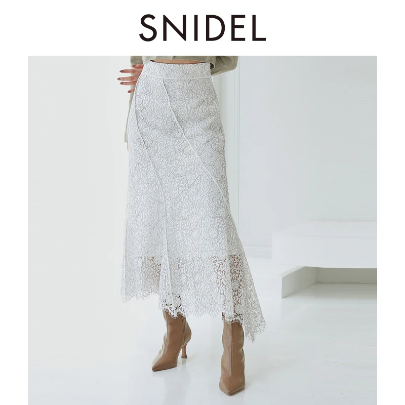 SNIDEL2025春夏新品优雅高腰蕾丝镂空钩花不对称半身裙SWFS251043