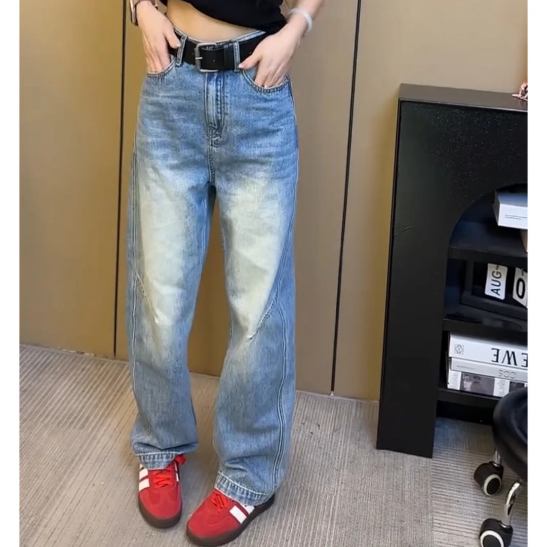 萱贝纯新款百搭复古小个子水洗牛仔裤女高腰显瘦休闲窄版弯刀裤子