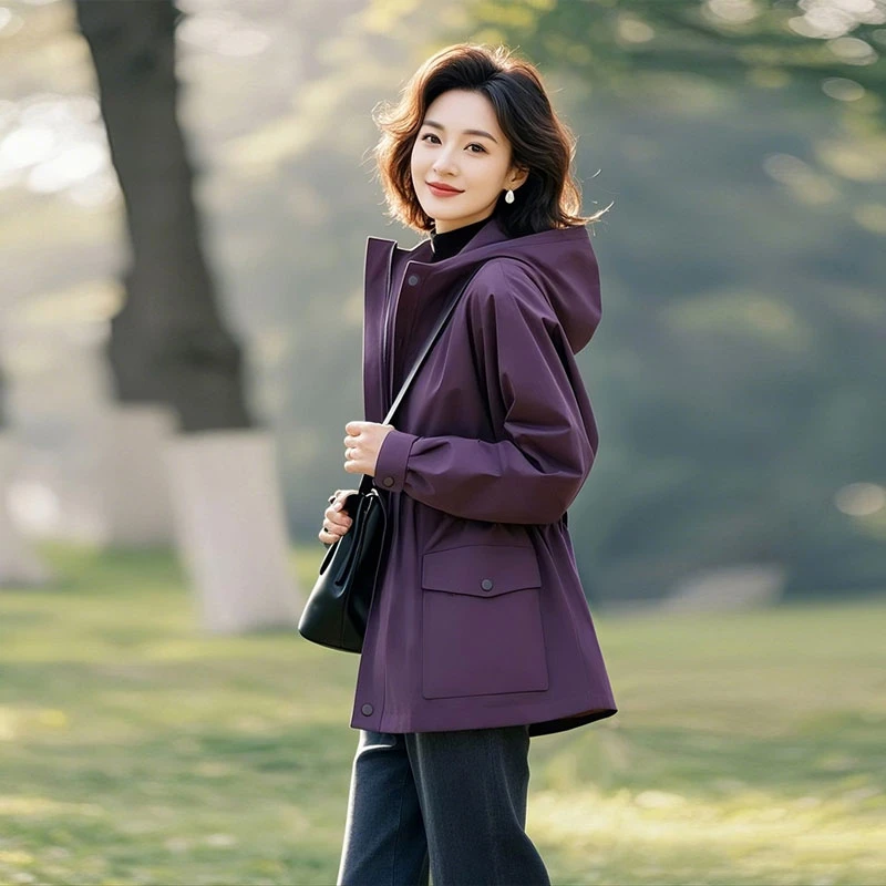 春季新款爆款小个子独特减龄漂亮洋气百搭冲锋衣紫色连帽外套女士