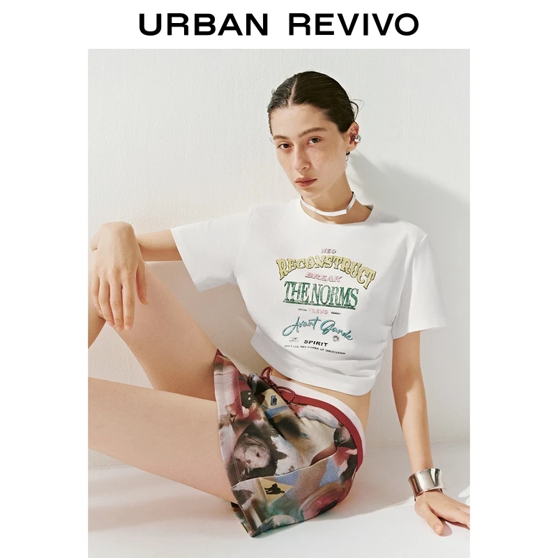 UR2025秋季新款女装时尚休闲撞色印花褶皱短袖T恤UYV450137