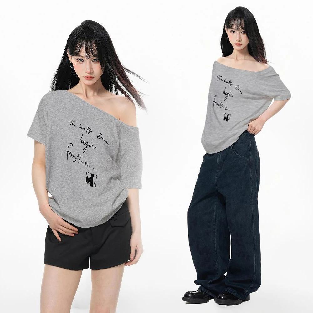 灰色斜肩露肩短袖t恤女夏季2025新款美式辣妹宽松半袖一字肩上衣
