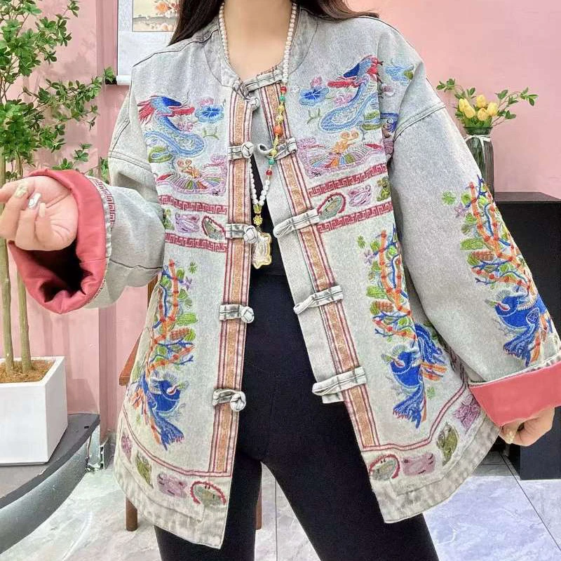 复古X新中式国风重工刺绣宽松牛仔外套
