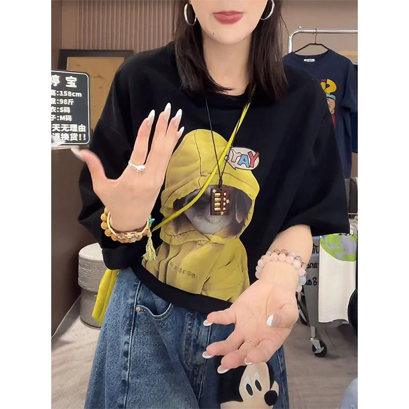 2025夏季新款趣味印花圆领套头T恤女韩系慵懒风宽松时尚打底上衣