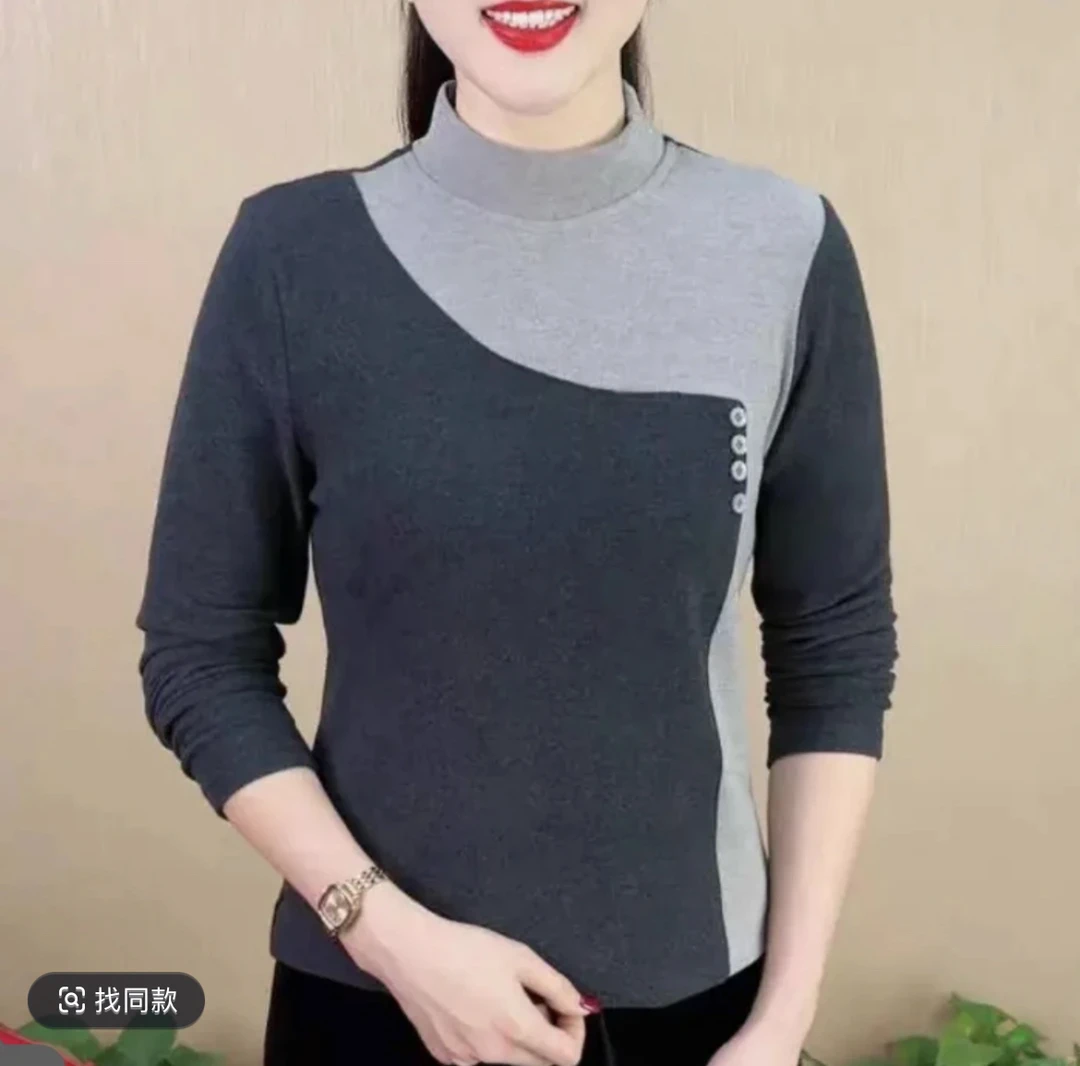 【德绒拼接】2024春秋新款修身显瘦百搭长袖简约拼接上衣66
