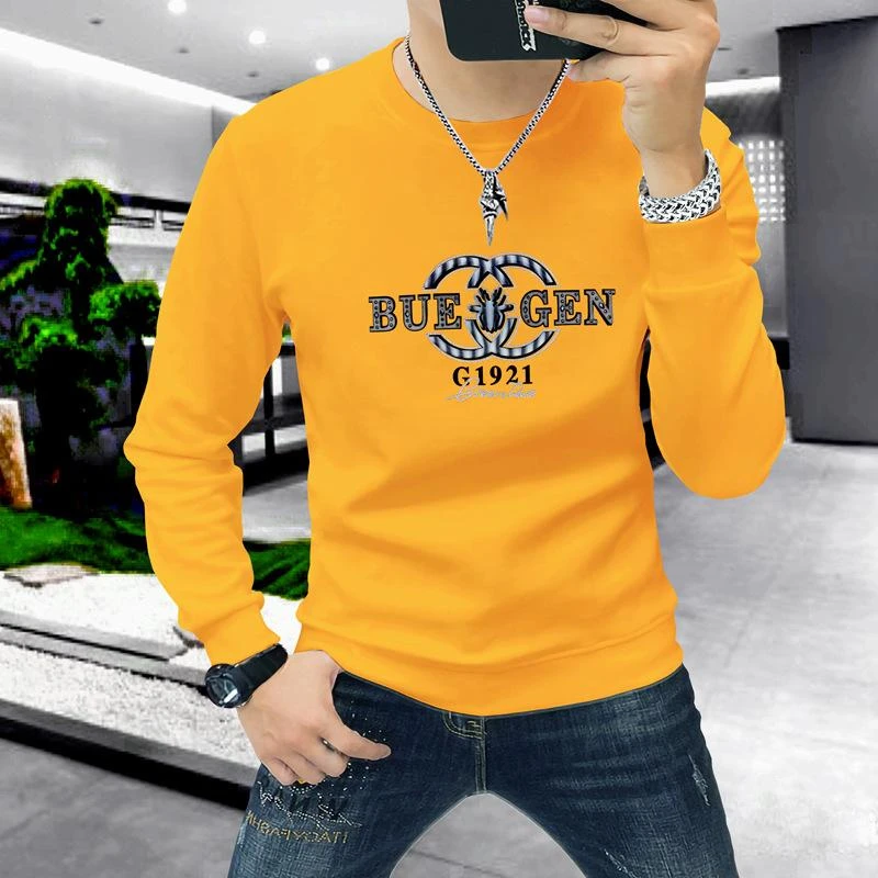 秋冬季青年圆领烫钻字母卫衣加绒新款保暖上衣套头潮牌男装长袖