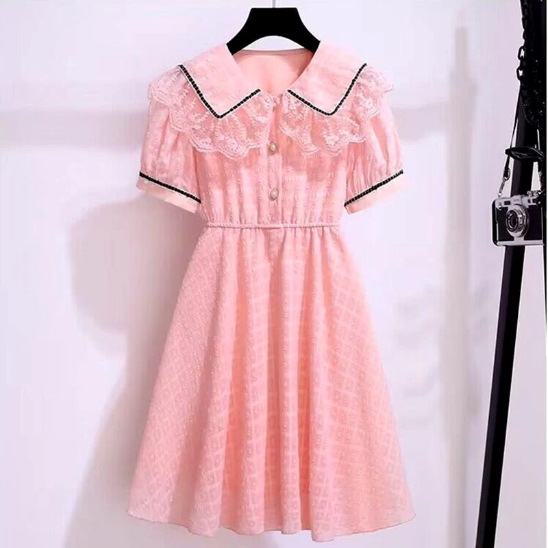 女童连衣裙短袖夏季薄款洋气蕾丝娃娃领公主裙中大童雪纺裙子长裙