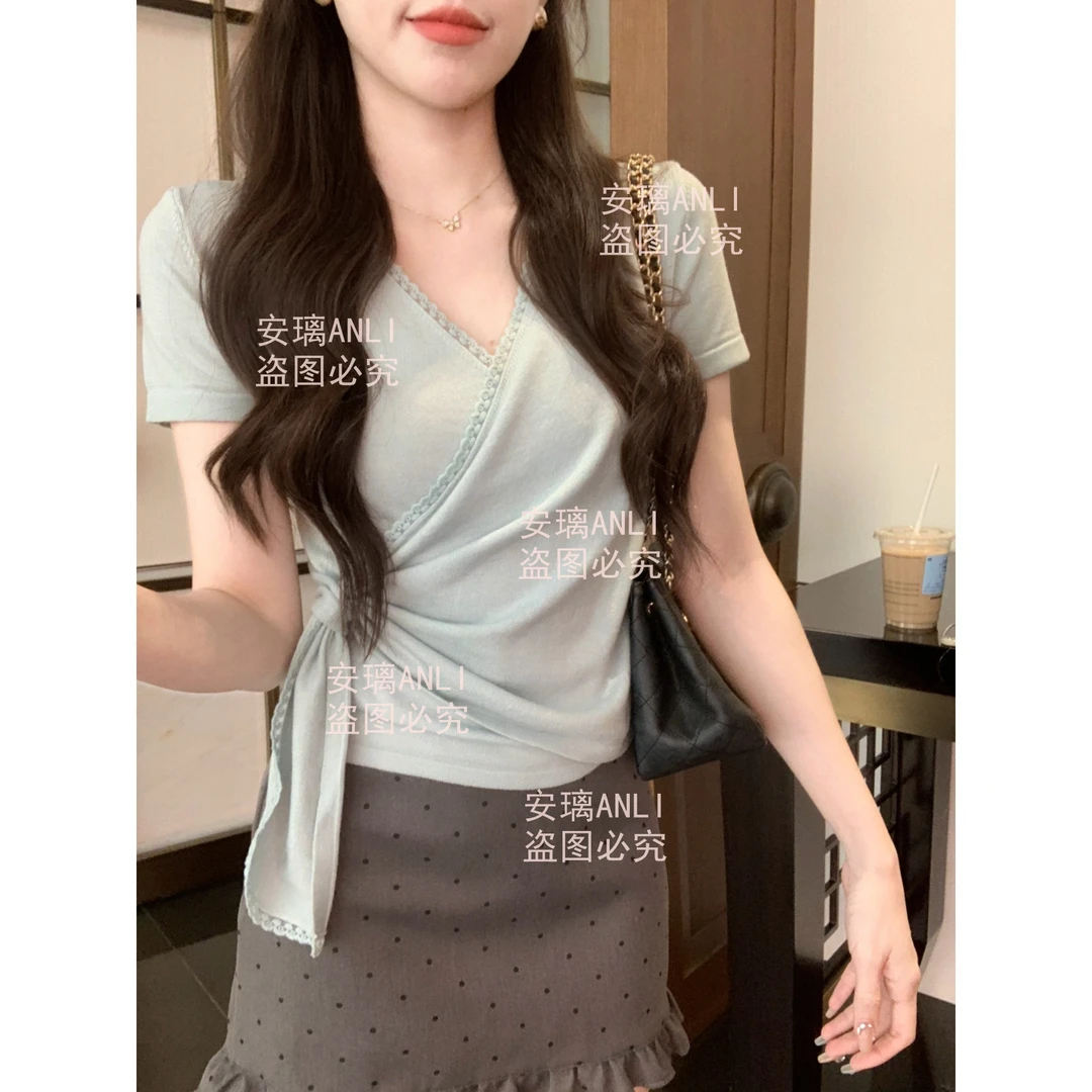 ANLI 蕾丝交叉领抽绳针织上衣