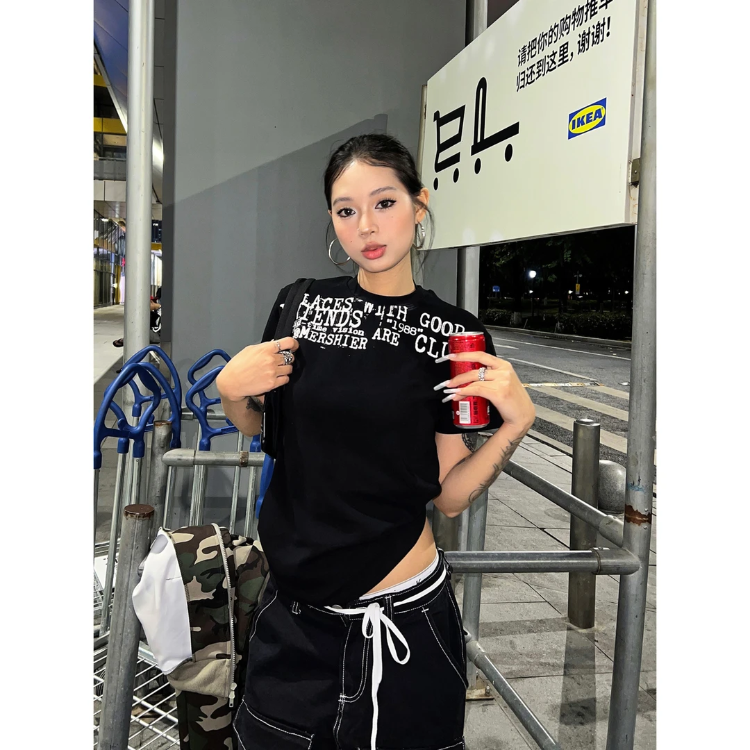 2025美式复古字母印花正肩短袖T恤宽松休闲百搭打底上衣男女