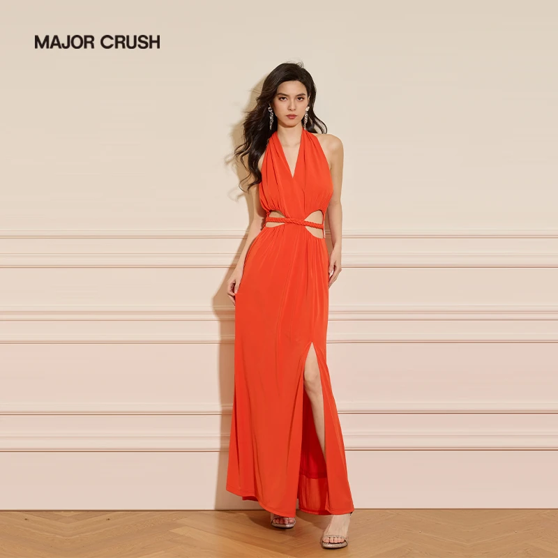 MAJOR CRUSH新款橘色挂脖连衣裙早秋性感气质长款连衣裙6183