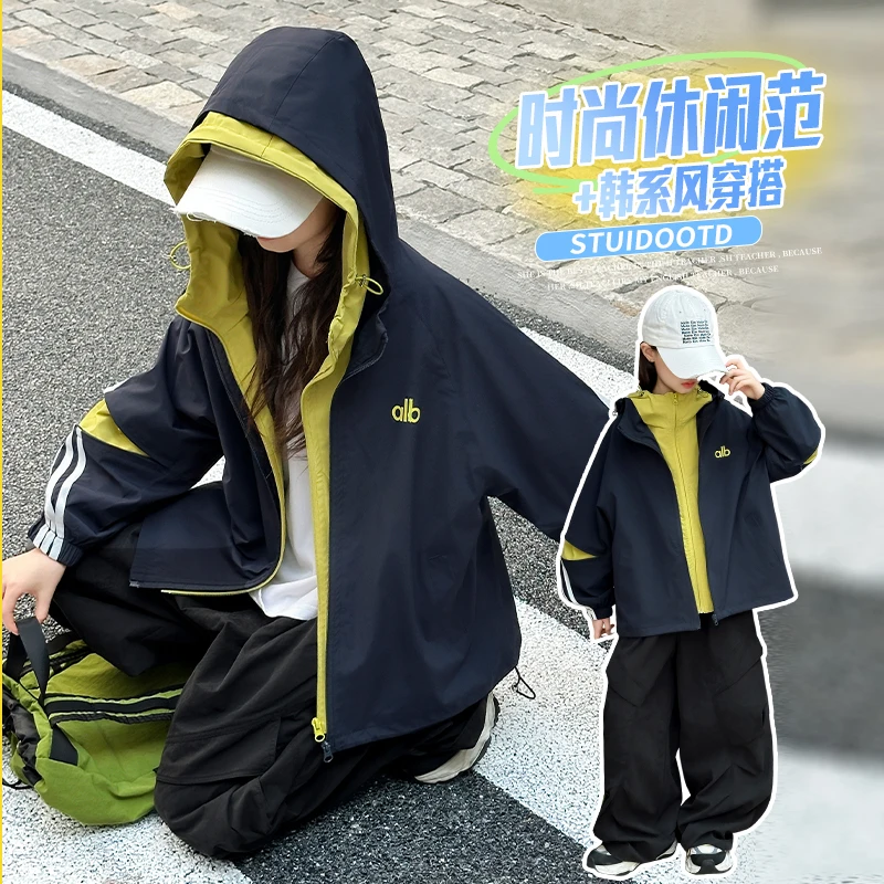 女童外套春秋装初中生女孩秋季连帽拉链衫儿童休闲超好看夹克衫潮