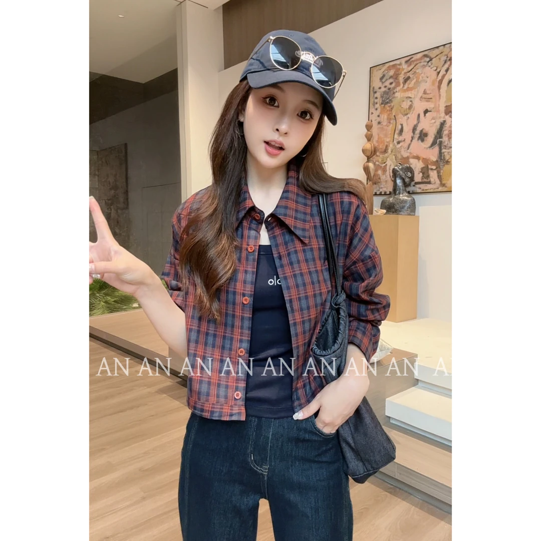 C08098秋季气质复古小个子宽松知性文艺经典款格子衬衫外套