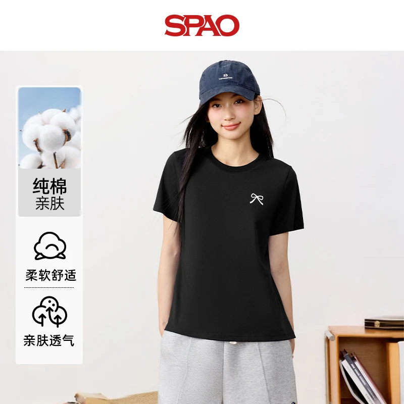 SPAO韩国同款纯棉黑色短袖t恤女夏2025新品蝴蝶结印花小众女装YC
