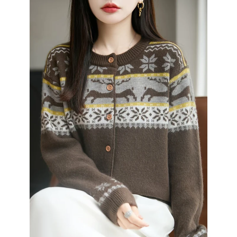 秋冬100分羊毛衫不缩水衫百搭枫叶拼色女装圆领njr-2141