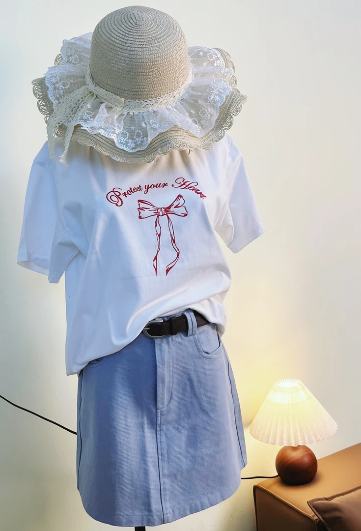 印花短袖有弹力蝴蝶结蝴蝶T恤蕾丝绣花夏装韩版夏款