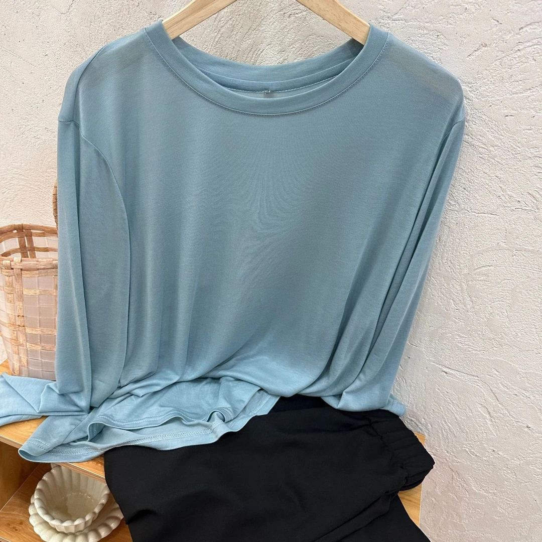 兰精天丝防晒衣打底衫女韩宽松大板显瘦透气凉感丝滑长袖T恤蓝色