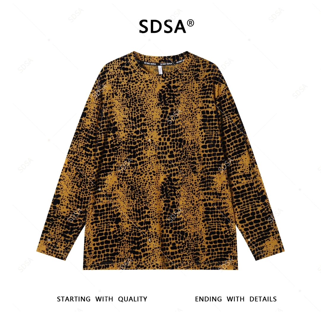 SDSA秋季新款男士痞帅美式不规则植绒撞色圆领长袖T恤百搭时尚