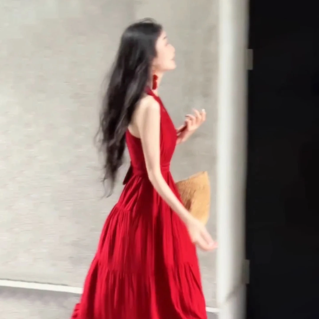 哥弟阿玛施正品【断码】红色领挂脖无袖吊带背心连衣裙子女夏季2025