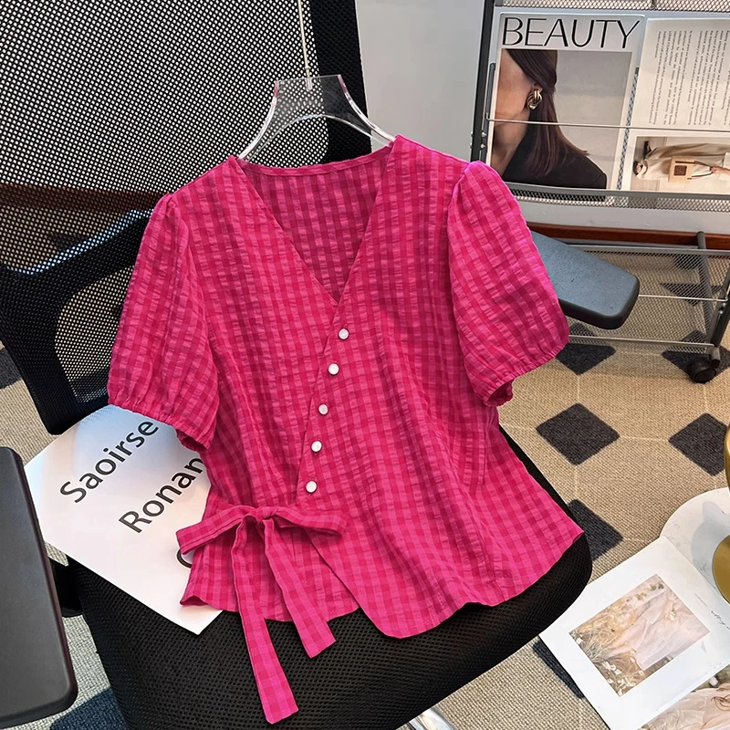 拉夏贝尔多巴胺玫火龙果色短袖衬衫女2025夏季新款v领小衫短上衣