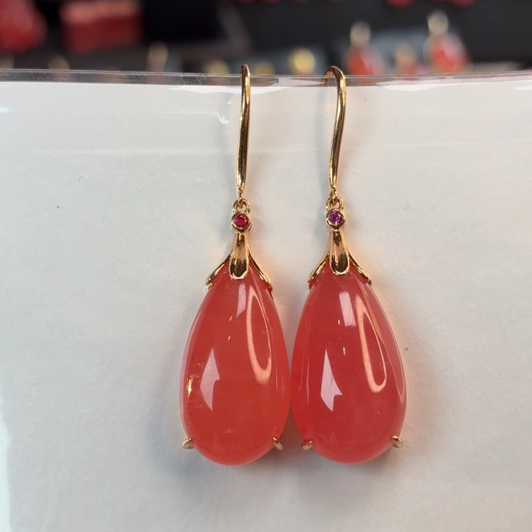 菱锰矿（红纹石）18K金镶嵌耳坠