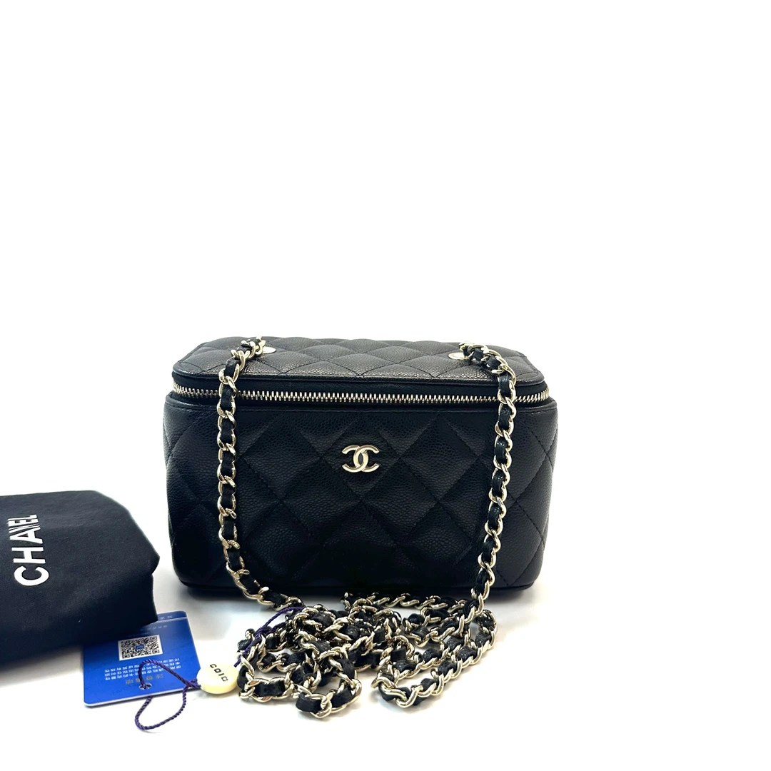 99新 Chanel/香奈儿 24S 黑金荔枝纹牛皮化妆盒子包