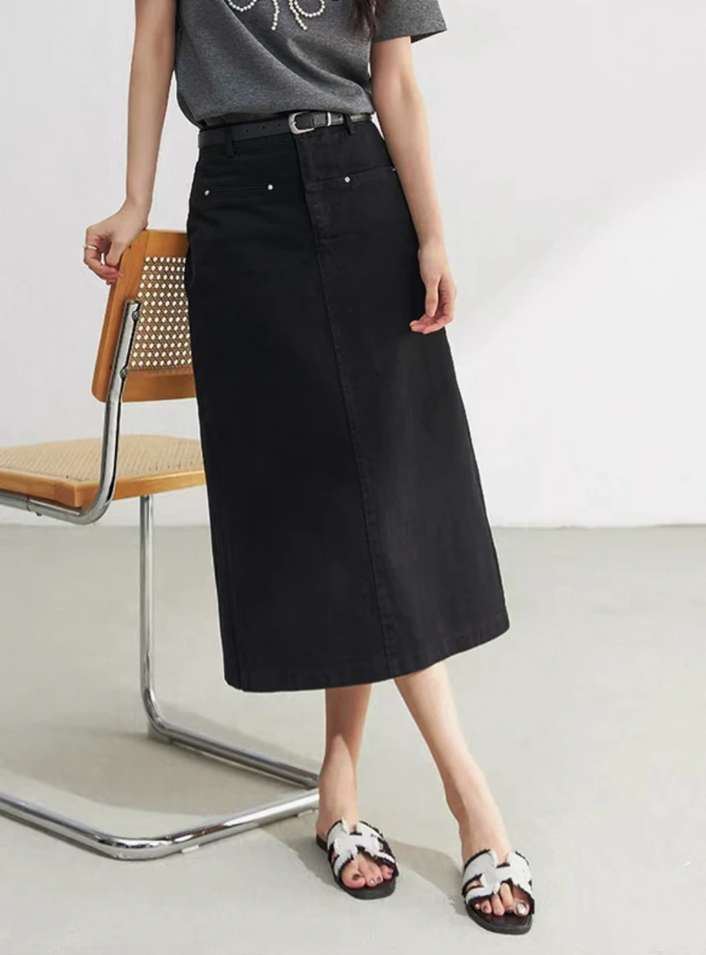 【夏季新款】 MT'后开叉黑色中长牛仔裙‘ 百搭牛仔高级感开衩中长款
