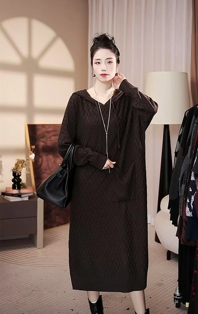 高端品质【连帽华夫格灰】春秋时尚百搭潮流款毛衣打底连衣裙-3001#