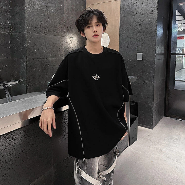 美式金属设计感拉链短袖T恤男2025夏季宽松潮牌半袖重磅休闲体恤