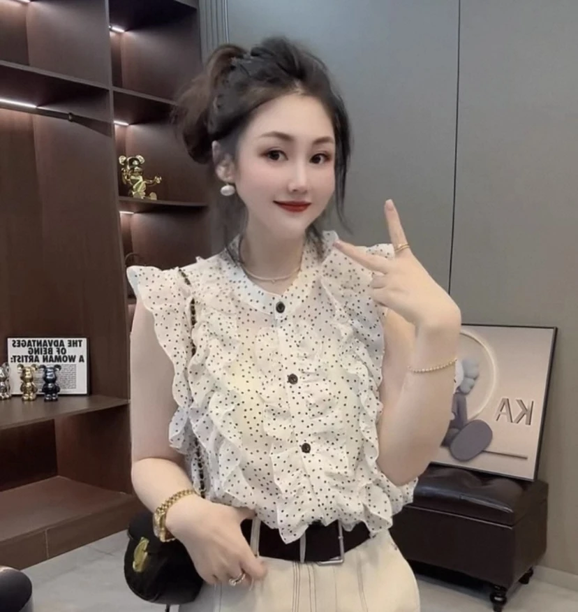 设计感法式波点木耳边拼接衬衫女2025夏季减龄雪纺小飞袖独特衬衣
