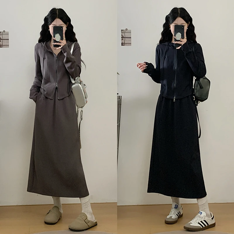 2025秋装新款胖mm大码双拉链连帽上衣半身裙套装女装禅意仙气飘飘