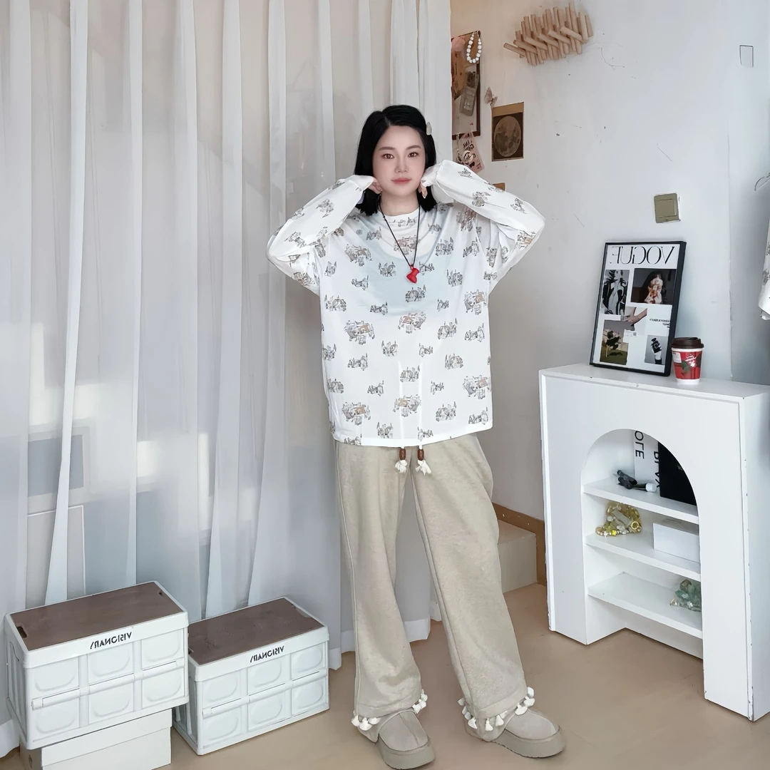 UHOOWU 25春新款天丝亚麻满印防晒衣长袖T恤女