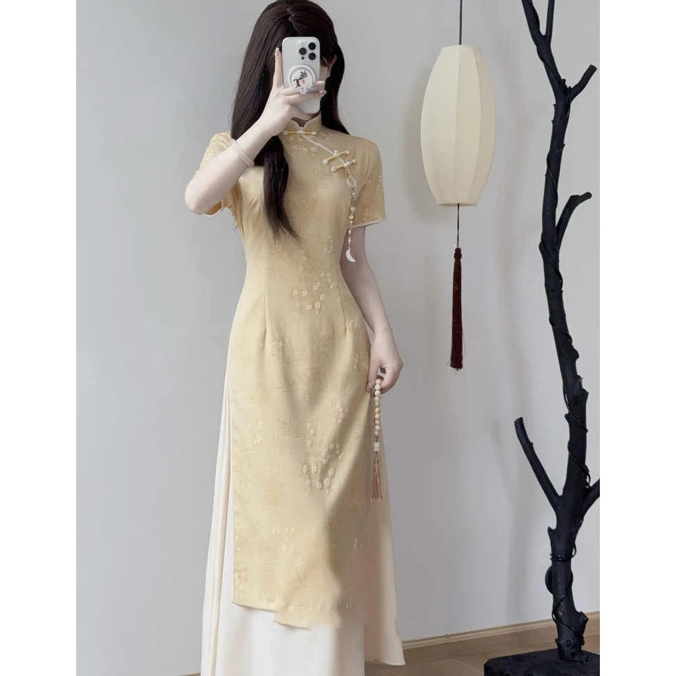 《奥黛如梦》黄色奥黛旗袍2025夏季新款新中式改良年轻款气质日常