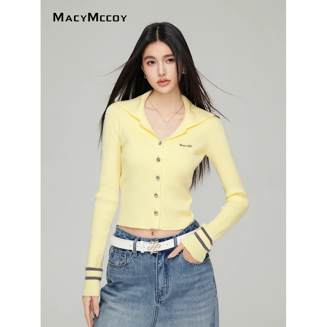 MacyMccoy大翻领针织上衣女2025早春海军领高弹力软糯减龄上衣