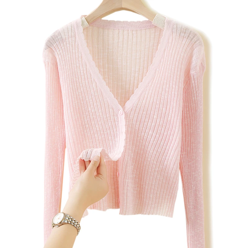 甄选竹节亚麻针织防晒开衫薄款夏季百搭长袖针织开衫女修身空调衫