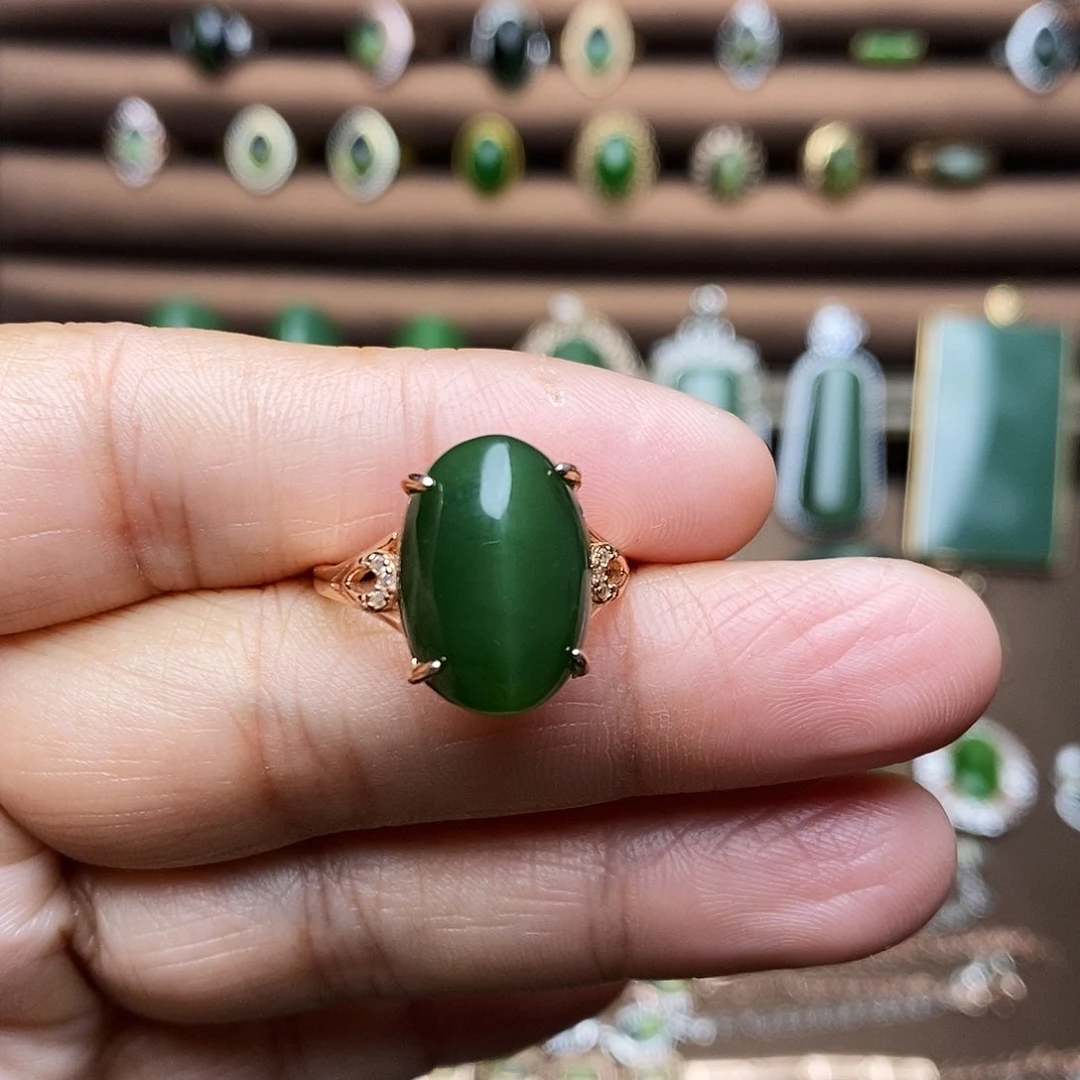 吊坠(不含链)银S925镶嵌和田玉（碧玉）戒指