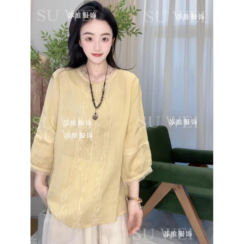 6215夏季镂空中袖薄款圆领碎花衬衫绣花百搭复古休闲气质蕾丝