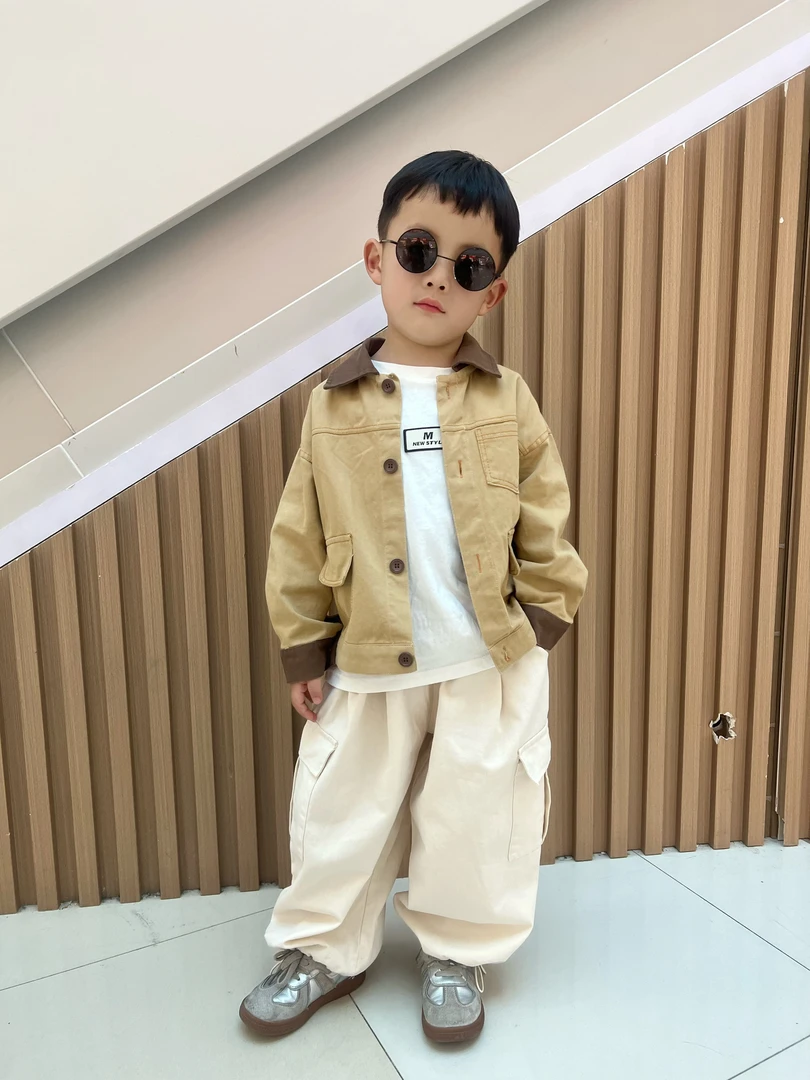 2025年春季新款男女童牛子上衣工装裤子套装休闲装时尚款