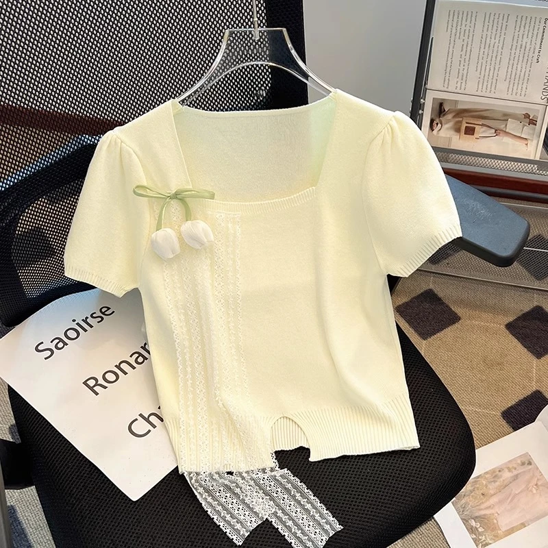 法式气质方领短袖针织衫女2025夏季新款小个子立体花朵短款上衣薄