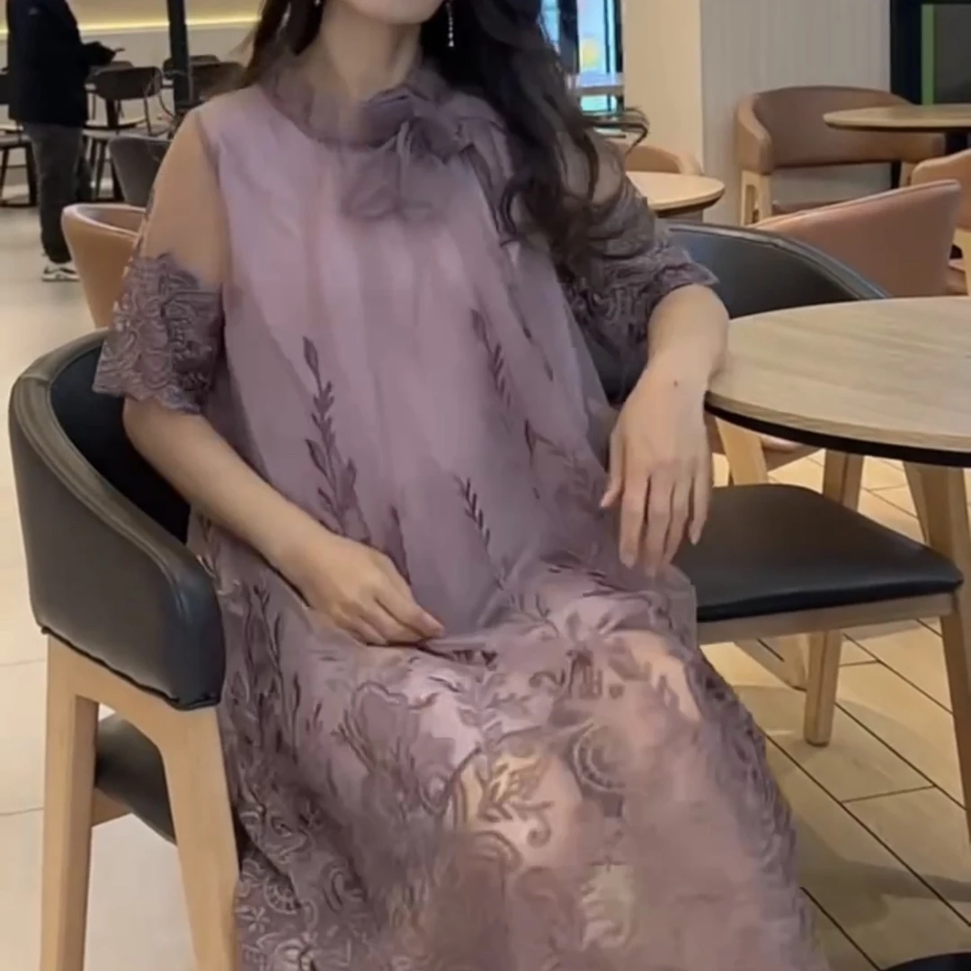 4140夏季国风刺绣短袖设计感宽松显瘦网纱中长连衣裙