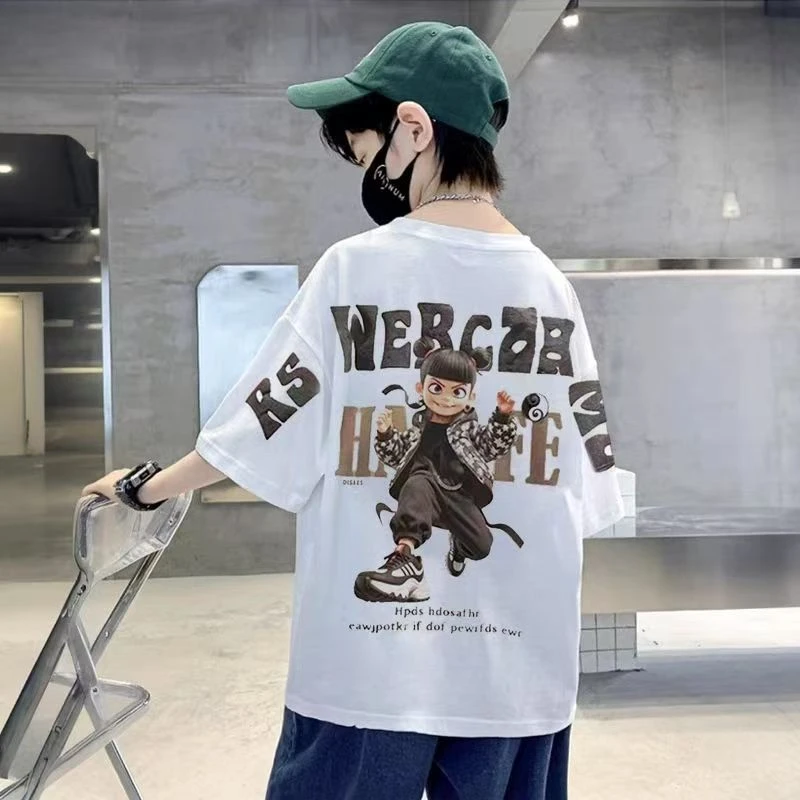 男童T恤休闲时尚百搭潮流珠地棉高品质刺绣印花透气新款儿童短袖