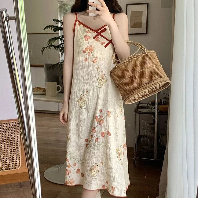 新中式国风睡衣夏天吊带带胸垫睡衣甜美公主风家居服可外穿家居服