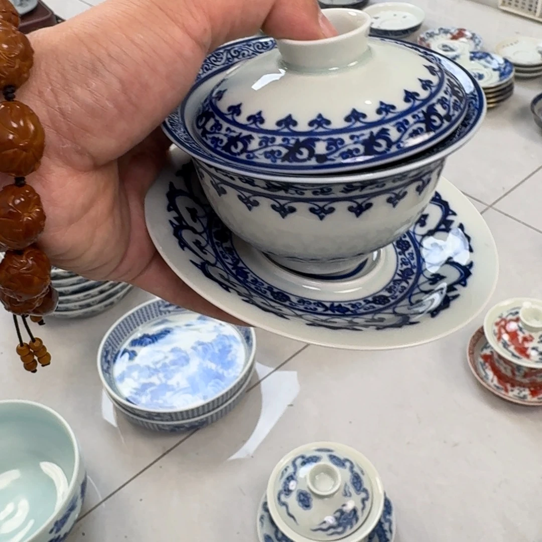 陶摆件青花宝箱三才盖碗