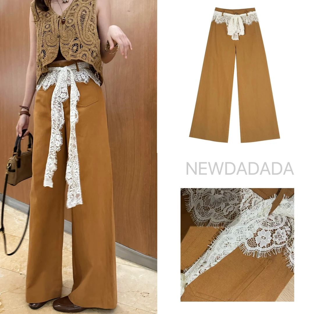 利达NEW DADADA设计感拼蕾丝休闲裤高腰天丝阔腿直筒长裤子SM879