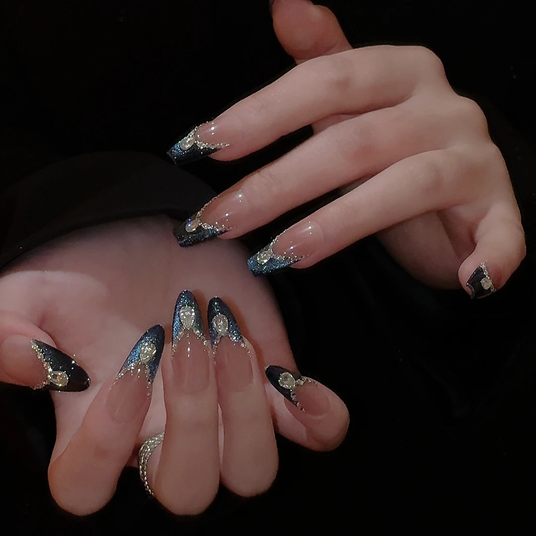 【夜颂】不眠岛蓝色猫眼锆石拼钻法式中长款美甲，小众设计感穿戴甲