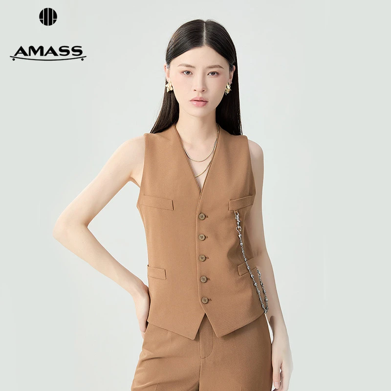 阿玛施AMASS新款女装通勤V领收腰西装马甲外套(附金属链)5400780