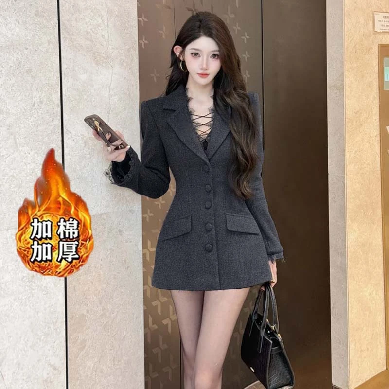 【ANYI】【加棉加厚】【两件套】【含胸针】设计感西装领黑色套装QJ0266