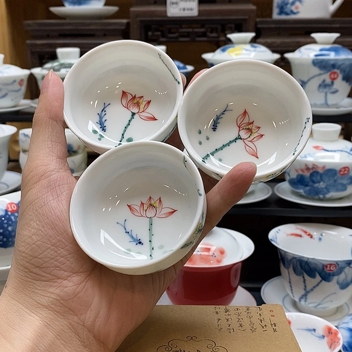 手绘三个装五色彩莲鼓形杯60cc釉下彩微瑕福利款