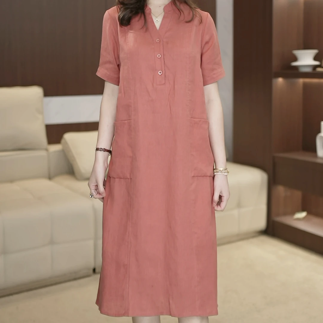 文艺复古风粉色短袖连衣裙女2025年夏季胖mm宽松V领亚麻裙子3227