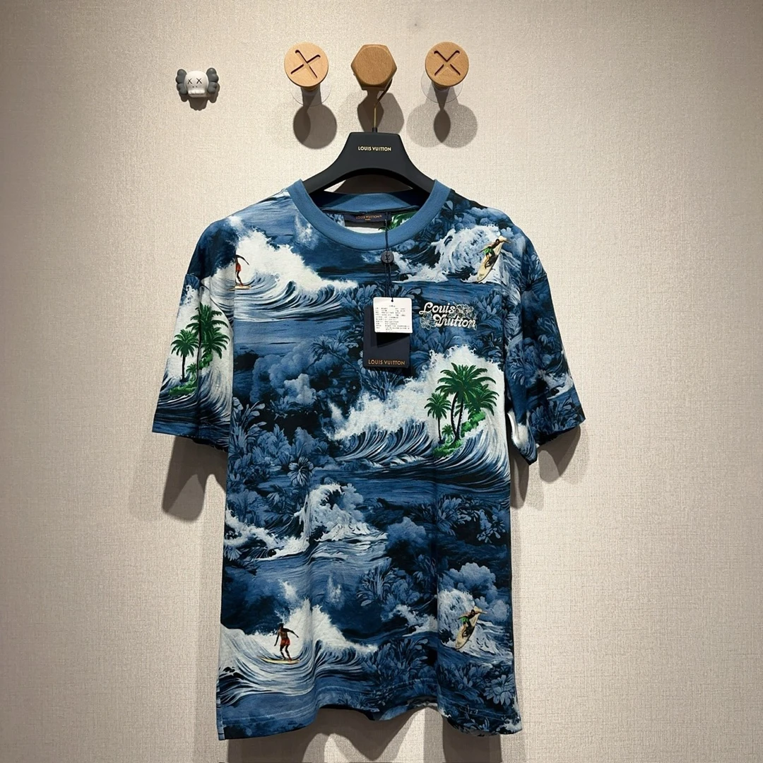 未使用 LouisVuitton/路易威登 深蓝色刺绣logo海浪短袖/M码