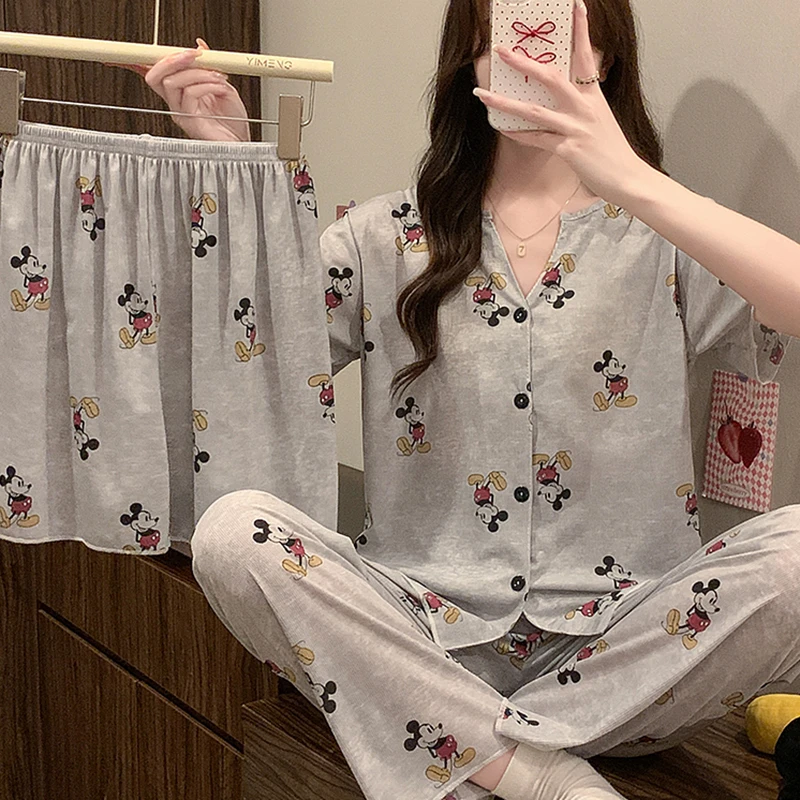 【星】睡衣女款夏天网红甜美花边V领开衫家居服女套装三件套6027